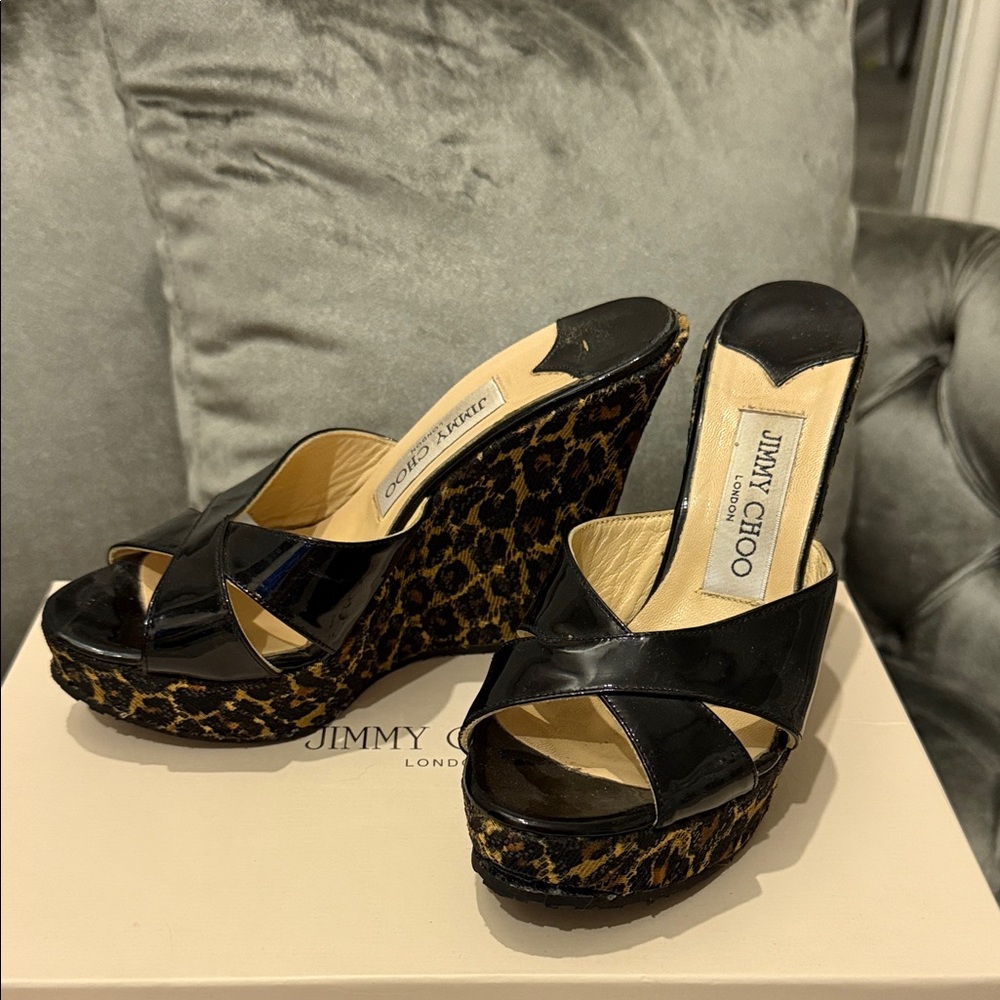 Jimmy Choo Black and Leopard Wedge Sandals